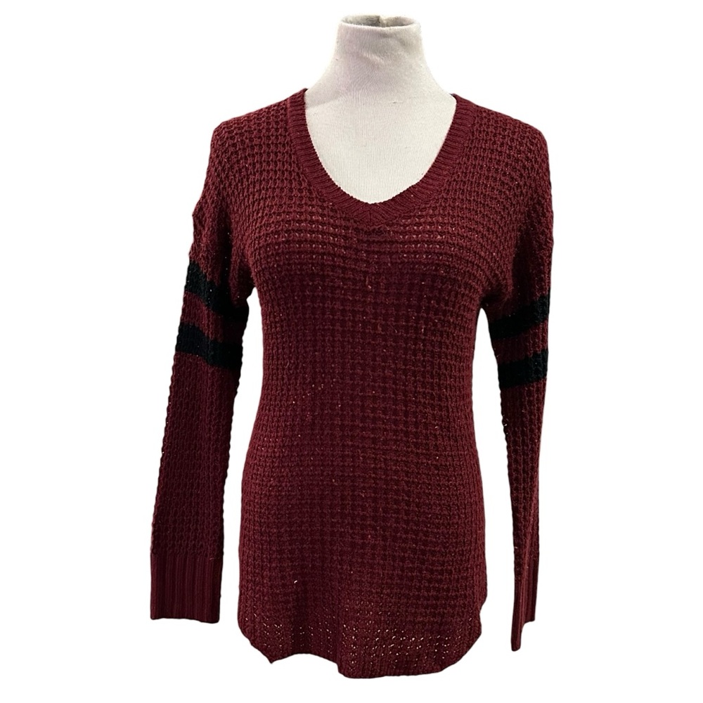 Women's V-Neck Waffle Knit Sweater - Burgundy with Black Stripes